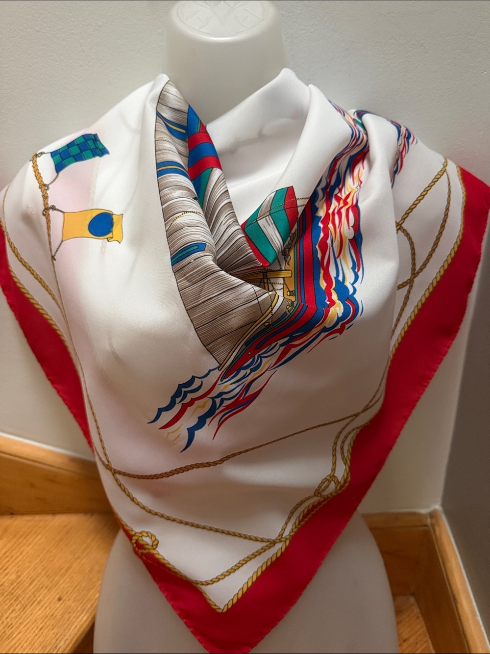 Vintage Nautical Sailboat Silk-Feel Polyester Scarf Red Border Signal Flags